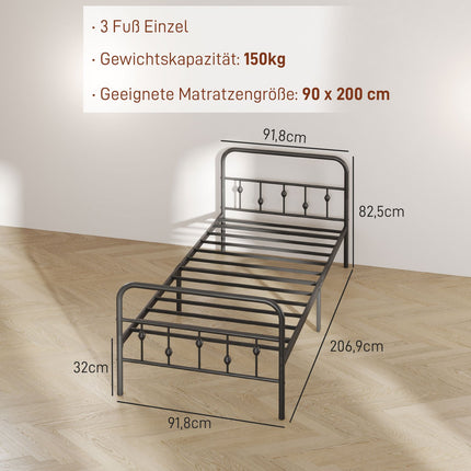 Metal folding bed frame, 200x90 cm, black, 82.5 cm high