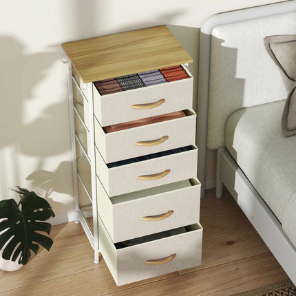 Bedroom Dresser with 5 Fabric Drawers, Steel Frame, Beige