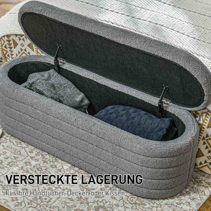 Bedroom bench with storage, wooden legs, teddy fleece, light grey