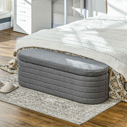 Bedroom bench with storage, wooden legs, teddy fleece, light grey