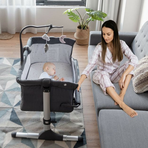 Bedside Bassinet, Foldable, Adjustable Height, Toys, Dark Grey