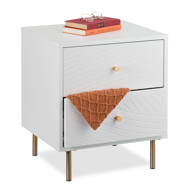Bedside Cabinet with 2 Drawers, White, Gold Accents