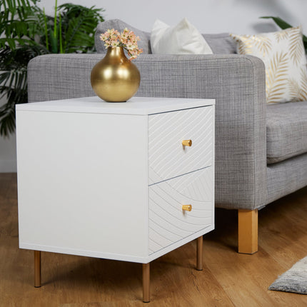 Bedside Cabinet with 2 Drawers, White, Gold Accents