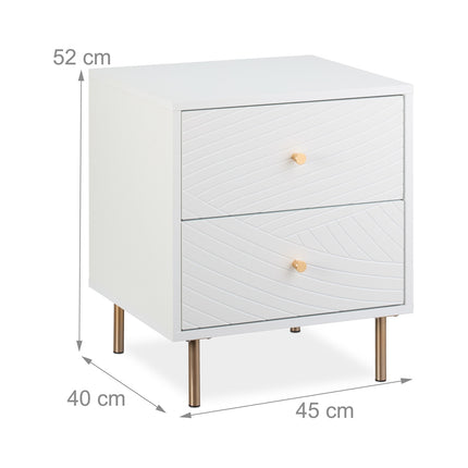 Bedside Cabinet with 2 Drawers, White, Gold Accents