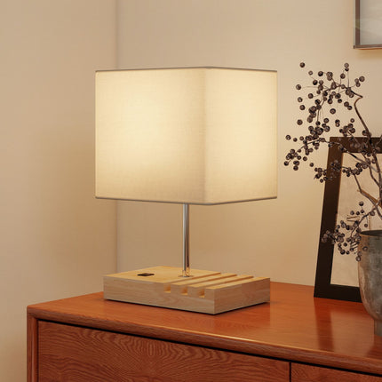 Bedside Lamp with USB Ports, Wood and Fabric, White