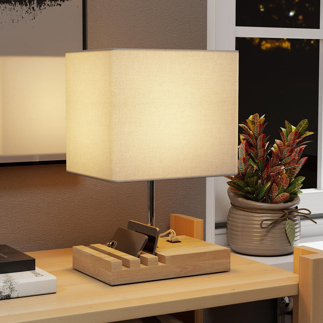 Bedside Lamp with USB Ports, Wood and Fabric, White