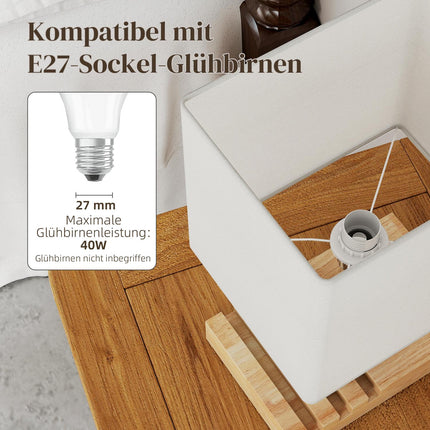 Bedside Lamp with USB Ports, Wood and Fabric, White