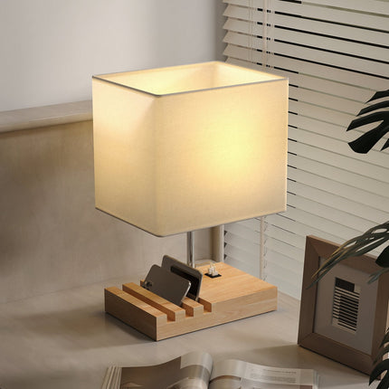 Bedside Lamp with USB Ports, Wood and Fabric, White
