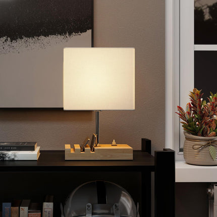 Bedside Lamp with USB Ports, Wood and Fabric, White
