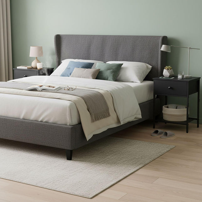 Bedside Table Set, 2-Piece with Drawer & Shelf