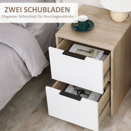 Bedside table in white & natural wood - 2 drawers, 40x40x60 Cm
