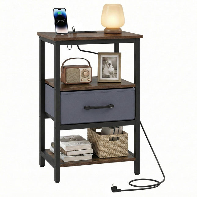 Bedside Table With Charging Station, Drawer, Shelves 40x30x61 cm