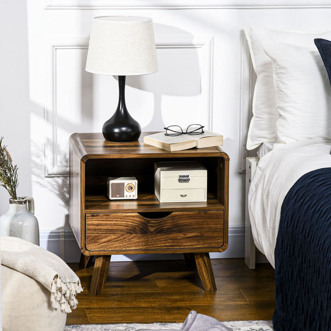 Retro nut brown bedside table, drawer and open shelf