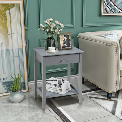 Bedside Table With Drawer and Shelf, Gray MDF