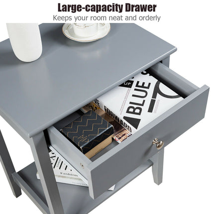 Bedside Table With Drawer and Shelf, Gray MDF