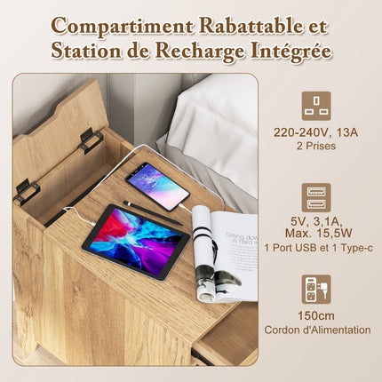 Bedside Table With USB-C, Outlets, Drawer and Magazine Rack