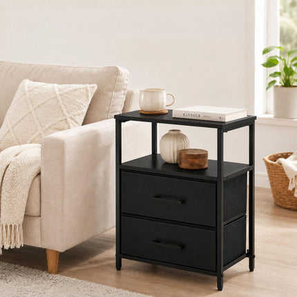 Bedside Table with 2 Fabric Drawers & Shelves, MDF & Metal