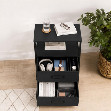 Bedside Table with 2 Fabric Drawers and Shelves, MDF & Metal