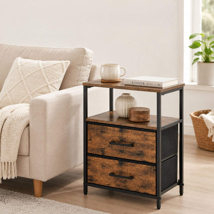 Bedside Table with 2 Fabric Drawers and Shelves, MDF/Metal