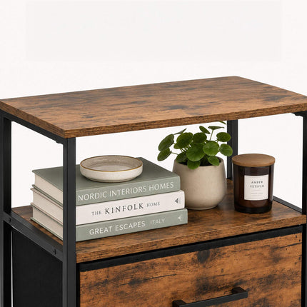 Bedside Table with 2 Fabric Drawers and Shelves, MDF/Metal