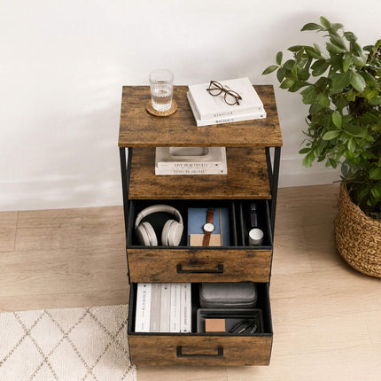 Bedside Table with 2 Fabric Drawers and Shelves, MDF/Metal