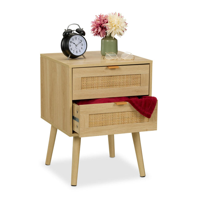 Bedside Table with 2 Wood-Effect Rattan Drawers