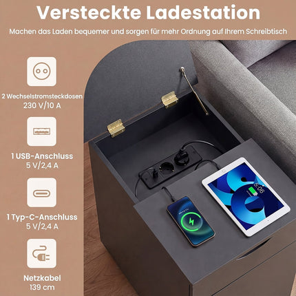 Bedside Table with Charging Station, Adjustable Shelf, Black