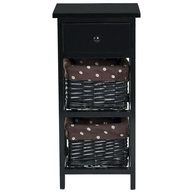 Bedside Table with Drawer, Rattan Baskets, 28x26x60 cm