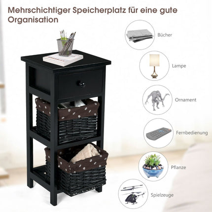 Bedside Table with Drawer, Rattan Baskets, 28x26x60 cm