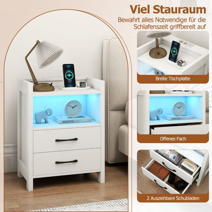 Bedside Table with LED Lights & Charging Station, 2 Drawers