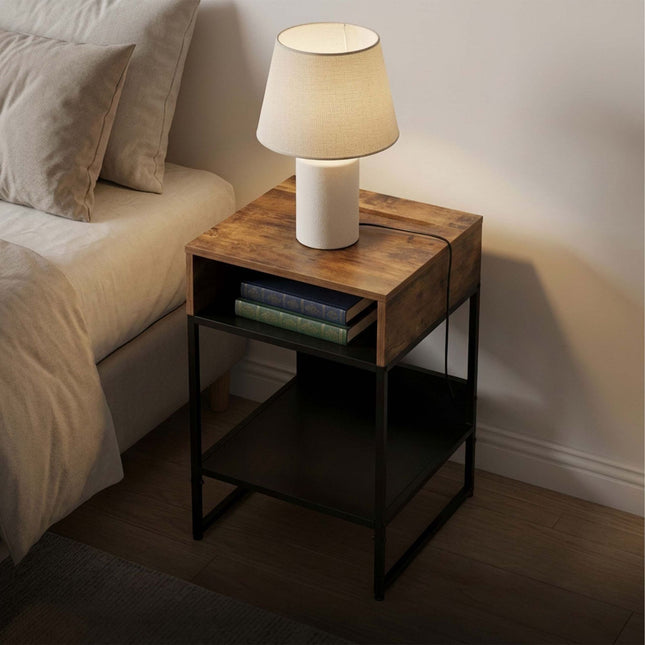 Bedside Table with Phone Holder, 2 Shelves, Dark Brown
