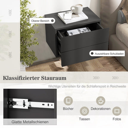Bedside table hanging wall shelf with 2 drawers side table wall mounted 42 x 30 x 28 cm grey
