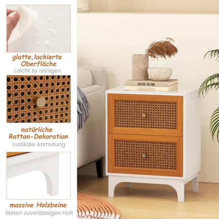 Bedside table rattan bedside cabinet with 2 drawers side table with solid wood legs 46 x 33 x 59.5 cm white + brown