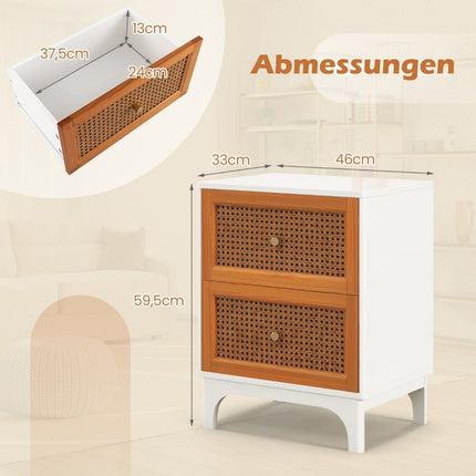 Bedside table rattan bedside cabinet with 2 drawers side table with solid wood legs 46 x 33 x 59.5 cm white + brown
