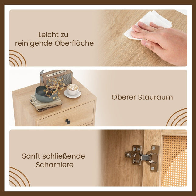 Bedside table rattan with door & drawer Boho side table with adjustable shelf 40 x 30 x 91cm natural