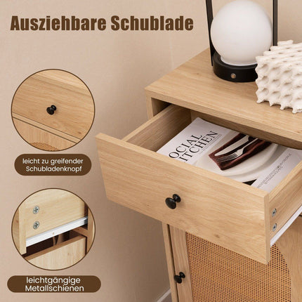 Bedside table rattan with door & drawer Boho side table with adjustable shelf 40 x 30 x 91cm natural