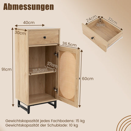 Bedside table rattan with door & drawer Boho side table with adjustable shelf 40 x 30 x 91cm natural