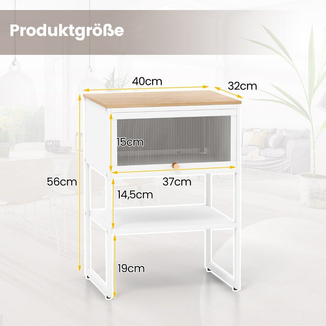 Bedside table side table wooden nightstand with metal frame & shelf & transparent door 40 x 32 x 56 cm white