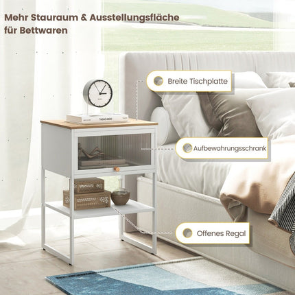 Bedside table side table wooden nightstand with metal frame & shelf & transparent door 40 x 32 x 56 cm white