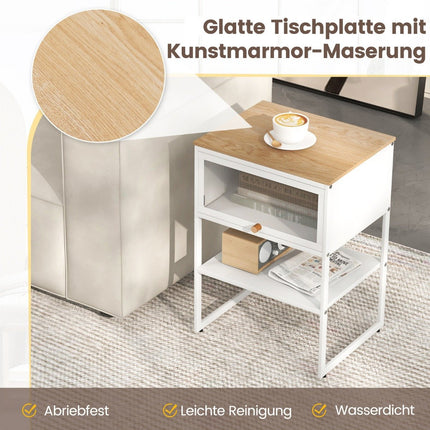 Bedside table side table wooden nightstand with metal frame & shelf & transparent door 40 x 32 x 56 cm white