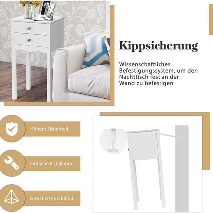 Bedside table with 2 drawers and anti-tilt protection. Modern side table 40 x 32 x 75 cm white