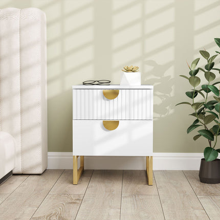 Bedside table with 2 drawers, Gold handle, White 40x40x50cm