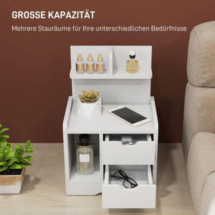 White bedside table, 2 drawers & open shelf, 40x30x60 cm