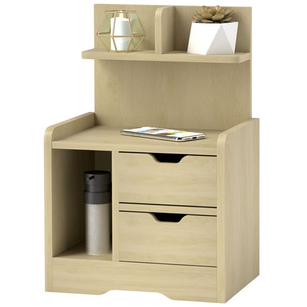 Bedside table in natural wood - 2 drawers, open shelf, 40x30x60 cm