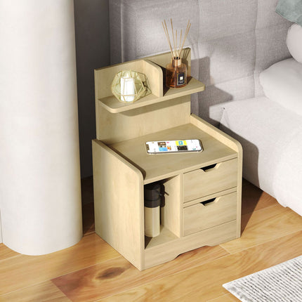 Bedside table in natural wood - 2 drawers, open shelf, 40x30x60 cm