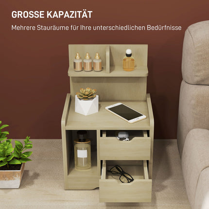 Bedside table in natural wood - 2 drawers, open shelf, 40x30x60 cm