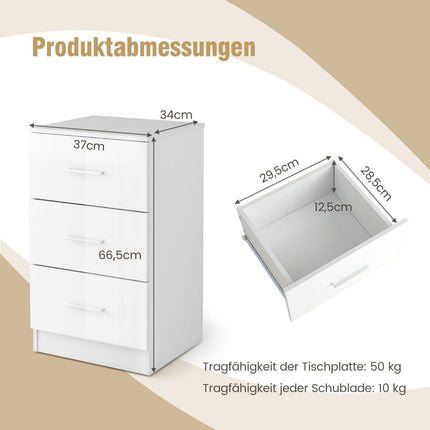 Bedside table with 3 drawers high gloss nightstand 37.1 x 34.2 x 66.5 cm white