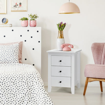 Bedside table with 3 drawers, large storage space and stable structure, bedside table, white