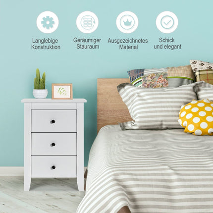 Bedside table with 3 drawers, large storage space and stable structure, bedside table, white