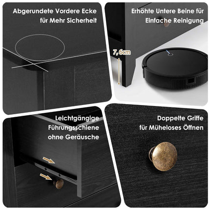 Bedside table with 3 drawers side table with wooden handles 71 x 46 x 66 cm black